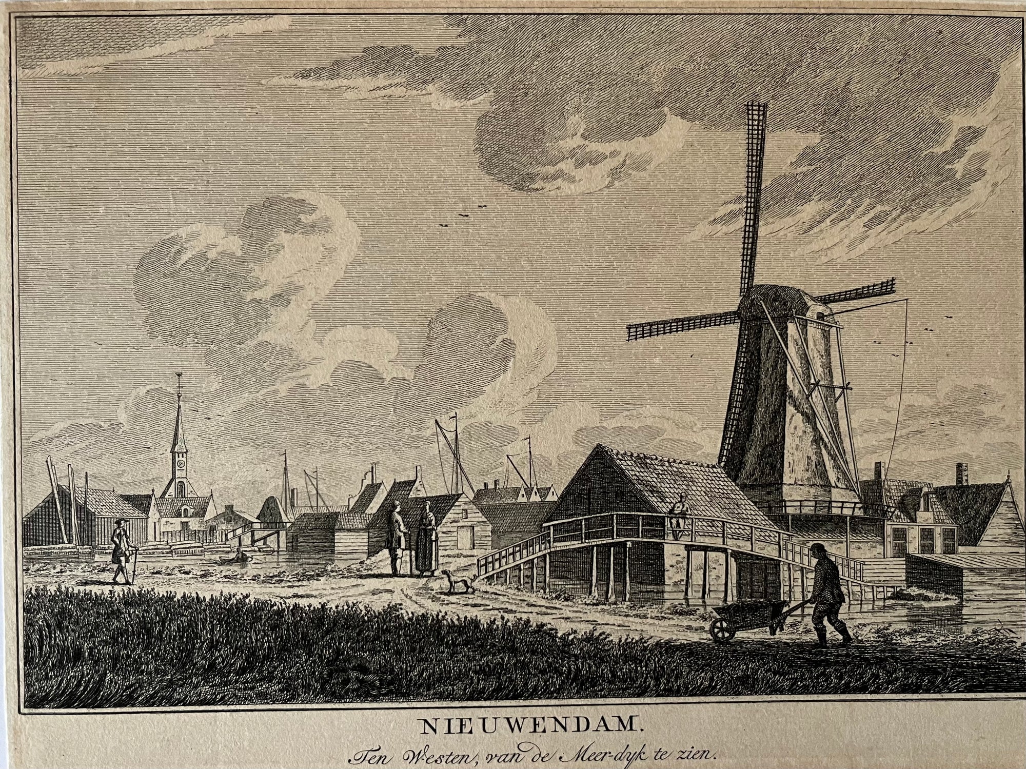 waterland, view, city view, amsterdam, nieuwendam, north holland, engraving, gezicht, dutch, holland, nederland, gravure, prent, old print,antique print, antieke prent, molen, mill, village