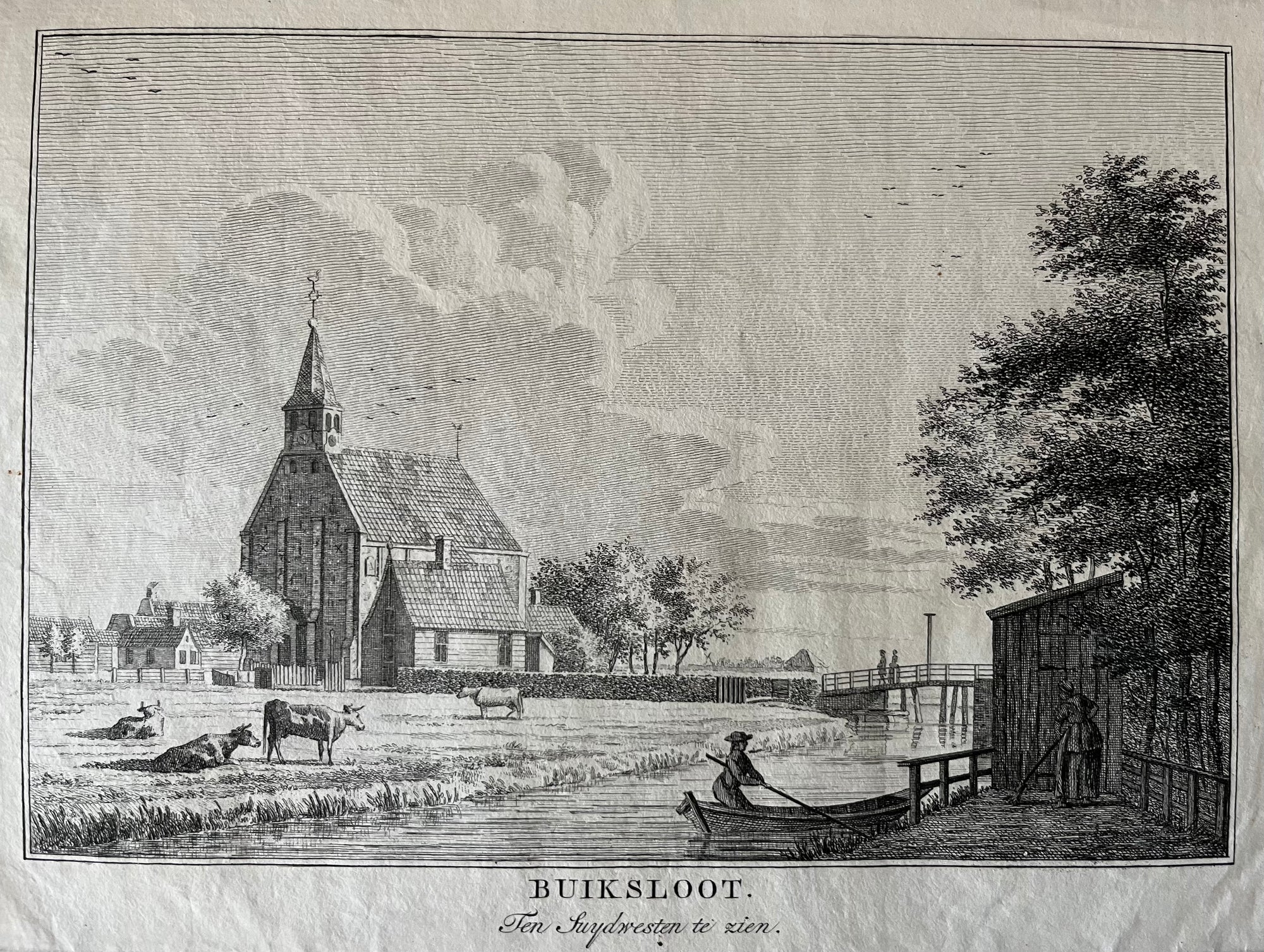  waterland, amsterdam, buiksloot, holland, north holland, noord holland, dutch, view, gezicht, village, greebe, engraving, old print, antique print, oude prent, antieke prent, gravure, city view, buiksloot ten suydwesten te zien, greebe