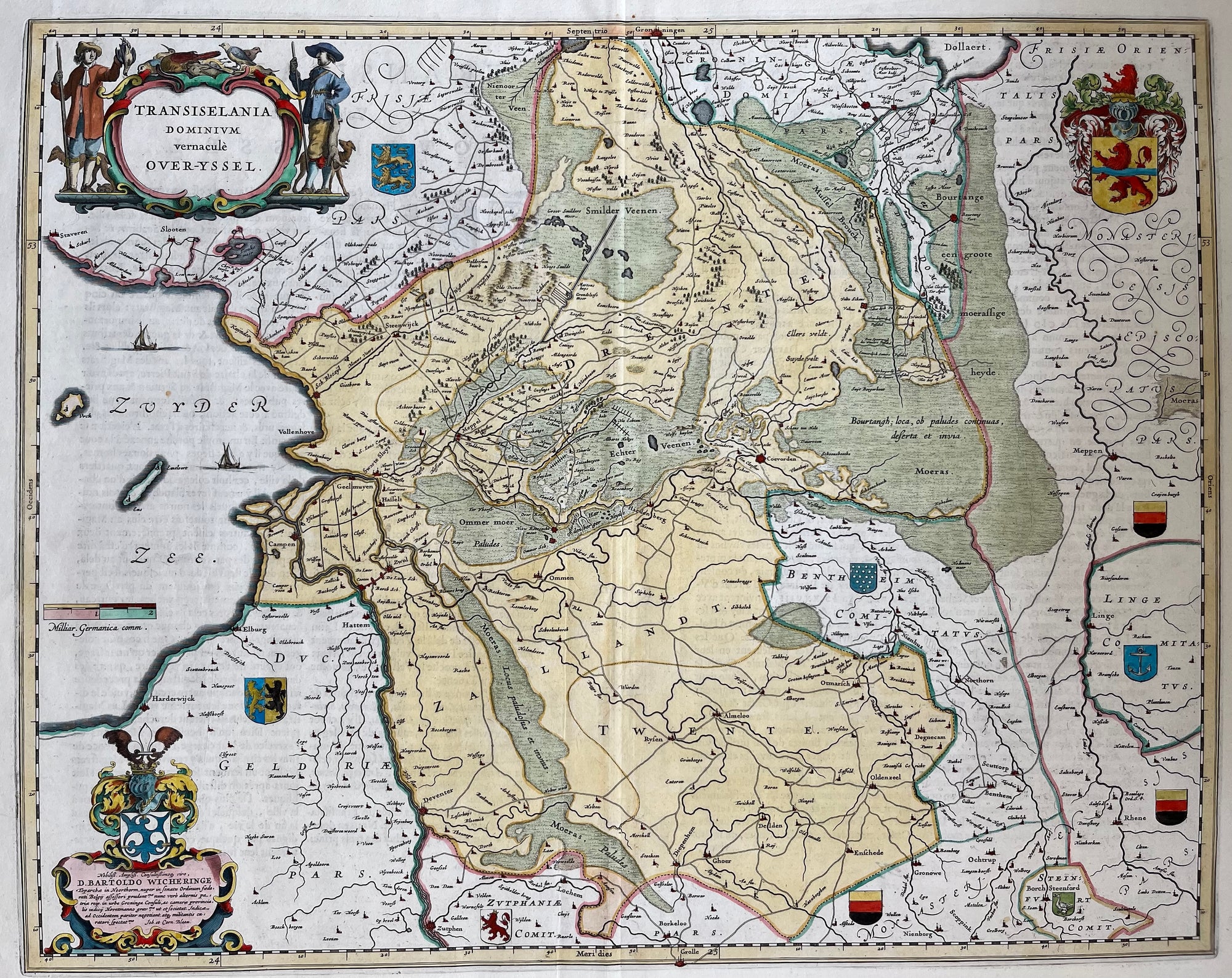 overijssel, dutch, netherlands, old map, antique map, oude kaart, antieke kaart, kaart overijssel, blaeu, wicheringe , transiselania, atlas, almelo,  rijssen, deventer, coevorden, oldenzaal, ootmarsum,hardenberg, zwolle, ommen, hellendoorn, steenwijk, dwingelo, holten, tubbergen