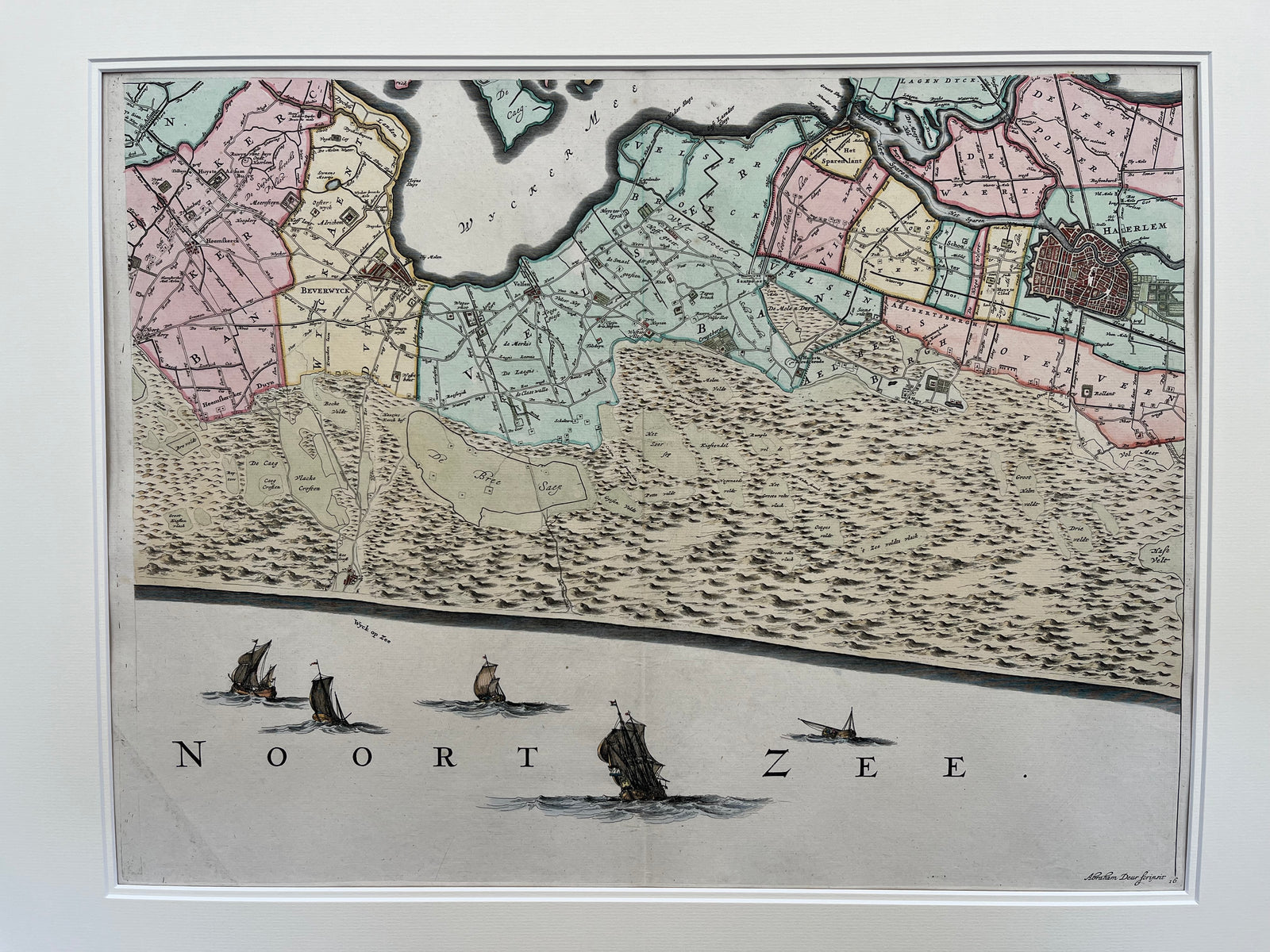 Haarlem, Beverwijk, Heemskerk, Brederode,Santpoort, Bloemendaal, breesaap, velsen, wijk aan zee, driehuis,, kruidberg, aelbertsberg, rolland, spaarndam, noordzee, old map, antique map, oude kaart, antieke kaart, noord holland, dou, deur, decker, engraving, gravure, 