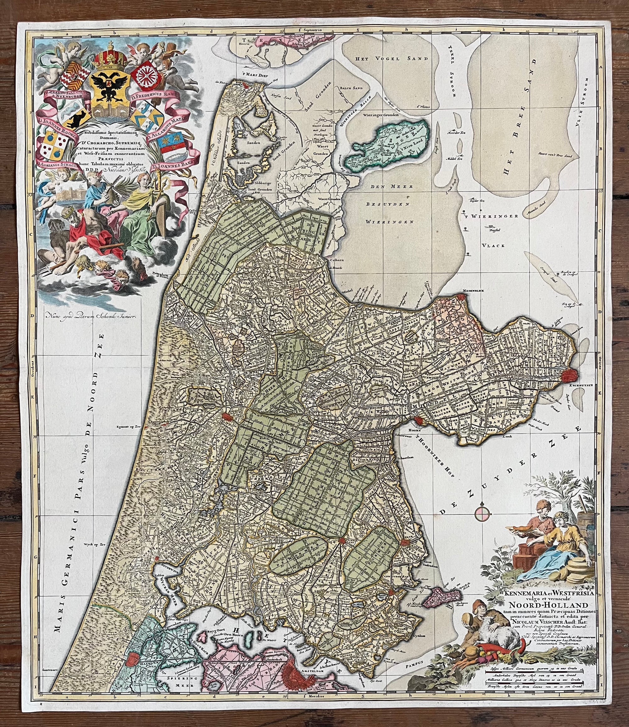 map, old map, antique map, holland, dutch, noord holland, north holland, westfriesland, kennemerland, oude kaart, antieke kaart, visscher, schenk, amsterdam, haarlem, alkmaar, hoorn, wieringen, bergen, castricum, zuiderzee, noordzee, beemster, schermer,pampus, marsdiep, egmond, wormer, beverwijk