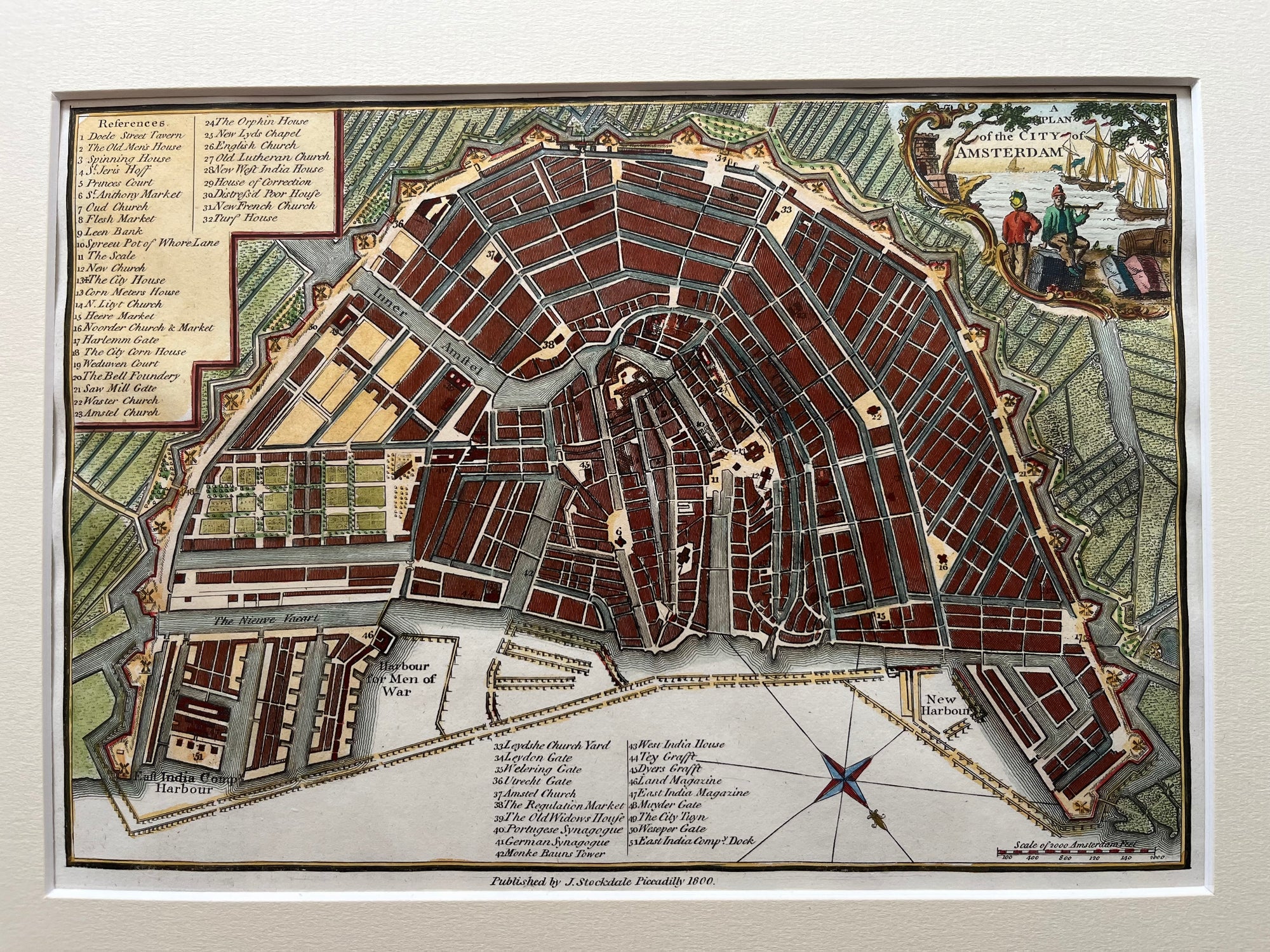 amsterdam, plan, map of amsterdam, colour, engraving, stockdale, townplan, ships, east india company, dock, holland, antique map, old map