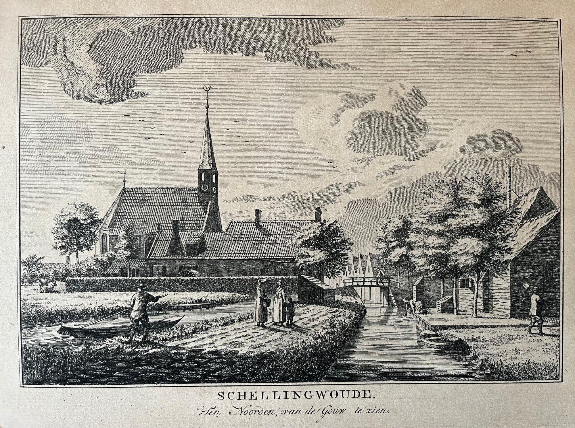 waterland, amsterdam,schellingwoude, holland, north holland, noord holland, dutch, view, gezicht, village, greebe, engraving, old print, antique print, oude prent, antieke prent, gravure, city view,schellingwoude ten noorden van de gouw te zien, greebe