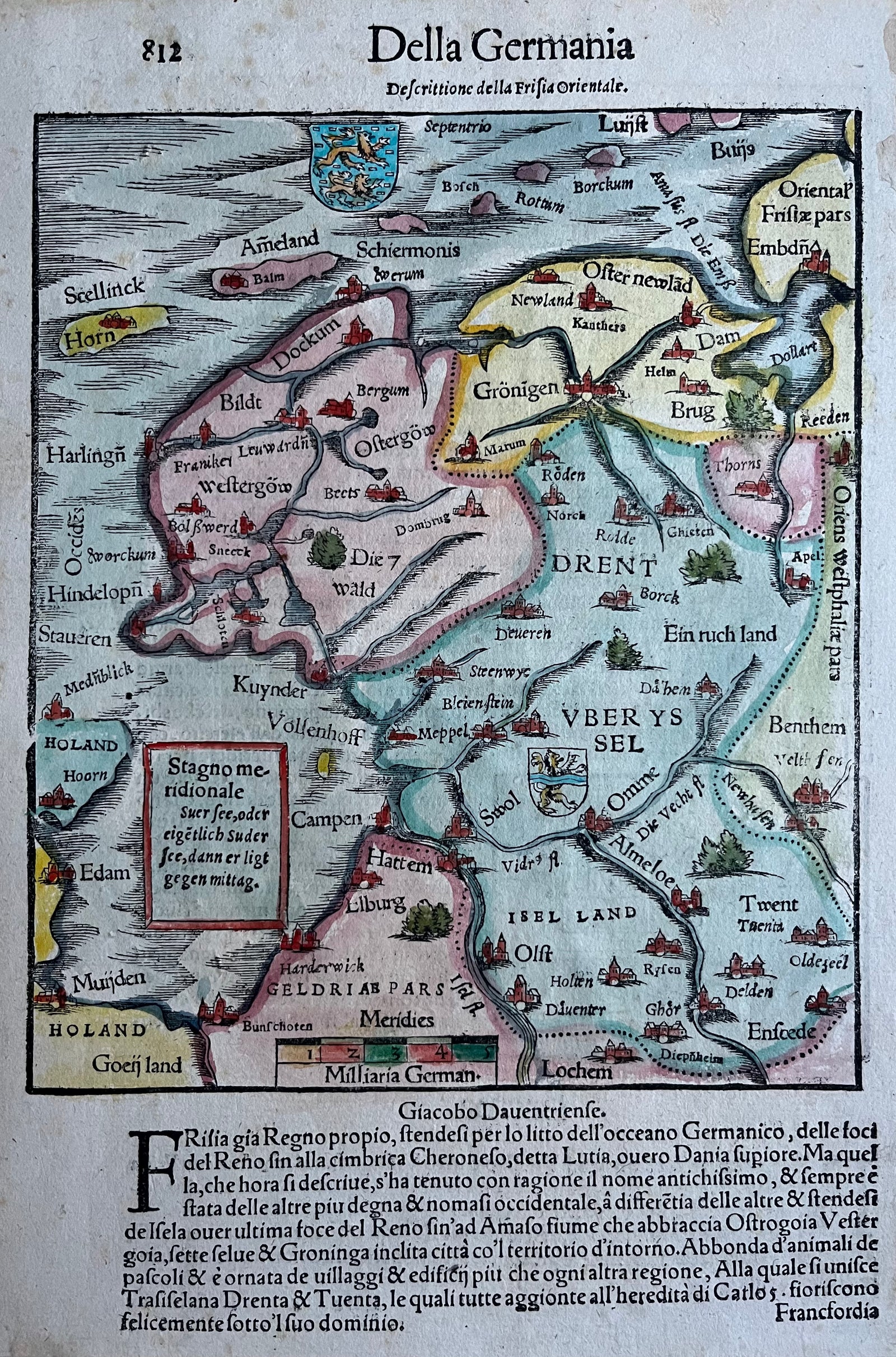 friesland, groningen, drenthe, gelderland, holland, dutch, map, old map, antique map, kaart, oude kaart, woodblock, munster, van deventer, germania, geldria, zuiderzee, edam, beets, ameland, schiermonnikoog, terschelling, harlingen, leeuwarden, almelo, steenwijk, elburg, kampen, oude kaart, antieke kaart, muiden, hindelopen, twente