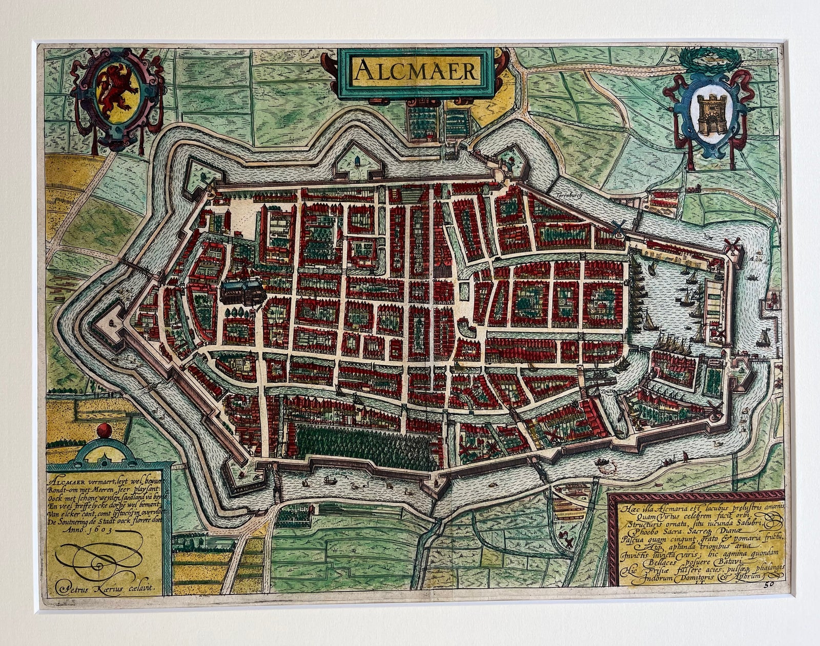 Alkmaar, old map, antique map, antieke kaart, oude kaart, plattegrond, gekleurd, holland, kaerius, townplan, plan, city, town, engraving, gravure