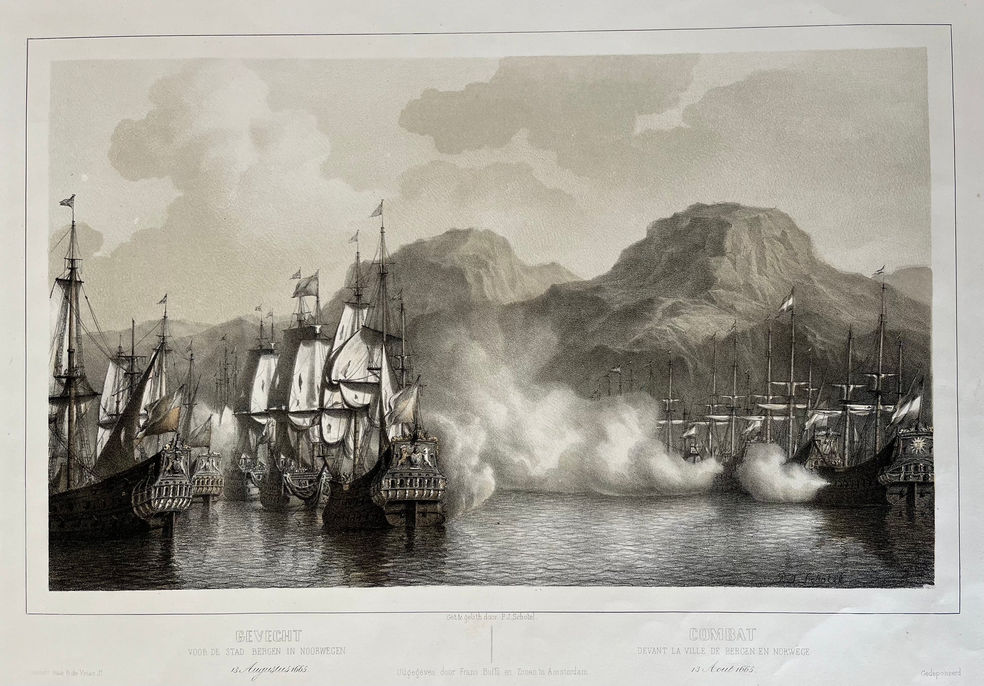 ‘ Gevecht voor de stad Bergen in Noorwegen, 13 augustus 1665 || Combat devant la ville de Bergen en Norwege, 13 Aout 1665’ . Nice , delicate coloured, very rare print showing the seabattle between the English and Dutch at Bergen in Norway.

Drawn by Petrus Johannes Schotel, printed by R.de Vries Jr.  From :’ P.J. Schotel, Heldendaden der Nederlanders ter zee, van de vroegste tijden tot op heden, naar aanleiding van de: Geschiedenis van het Nederlandsche zeewezen’, Frans Buffa en Zonen, Amsterdam 1850-1855