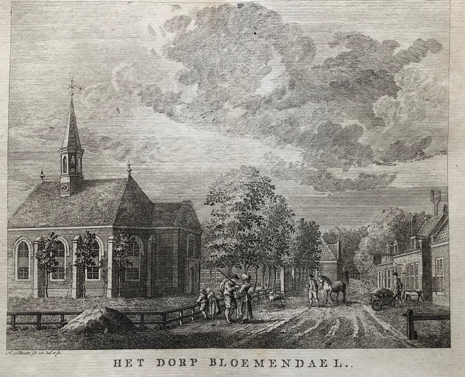 Noord Holland, bloemendaal, kerkplein, church, bloemendael, dorp, village, engraving, etching, schouten, print, antique print, old print