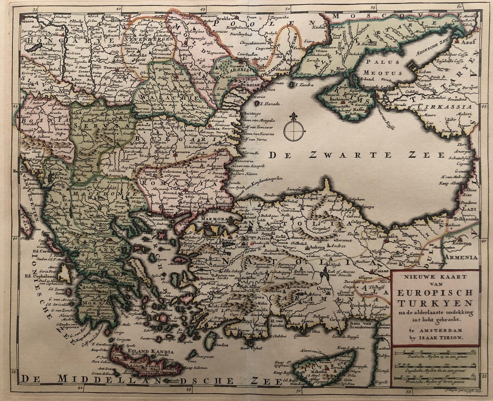 balcan, turkey, greece, crete, meacedonia, armenia,bulgaria, romania, cyprus, map, old map, antique map, engraving, colour, tirion, servia, bosnia, anatolia