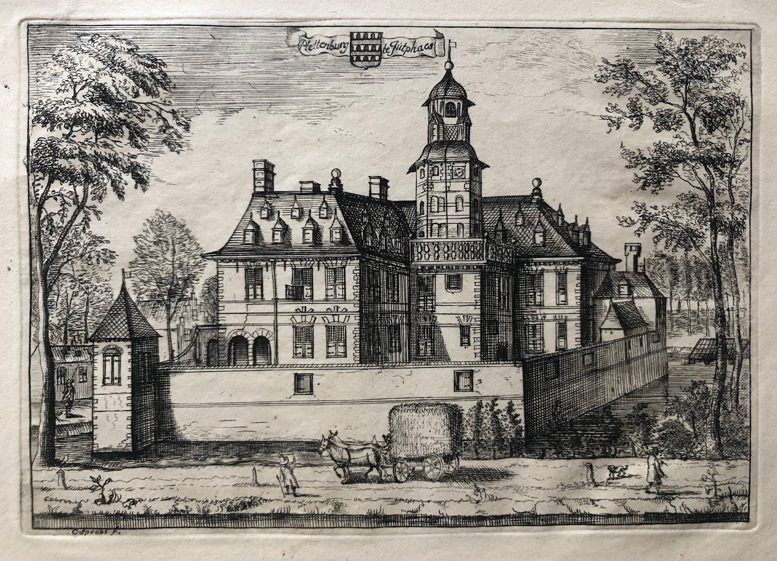  jutphaas, jutphaes, plettenburg, mansion, house, castle, etching, specht, utrecht, old print, antique print, oude prent, antieke prent, ets, grafiek, 