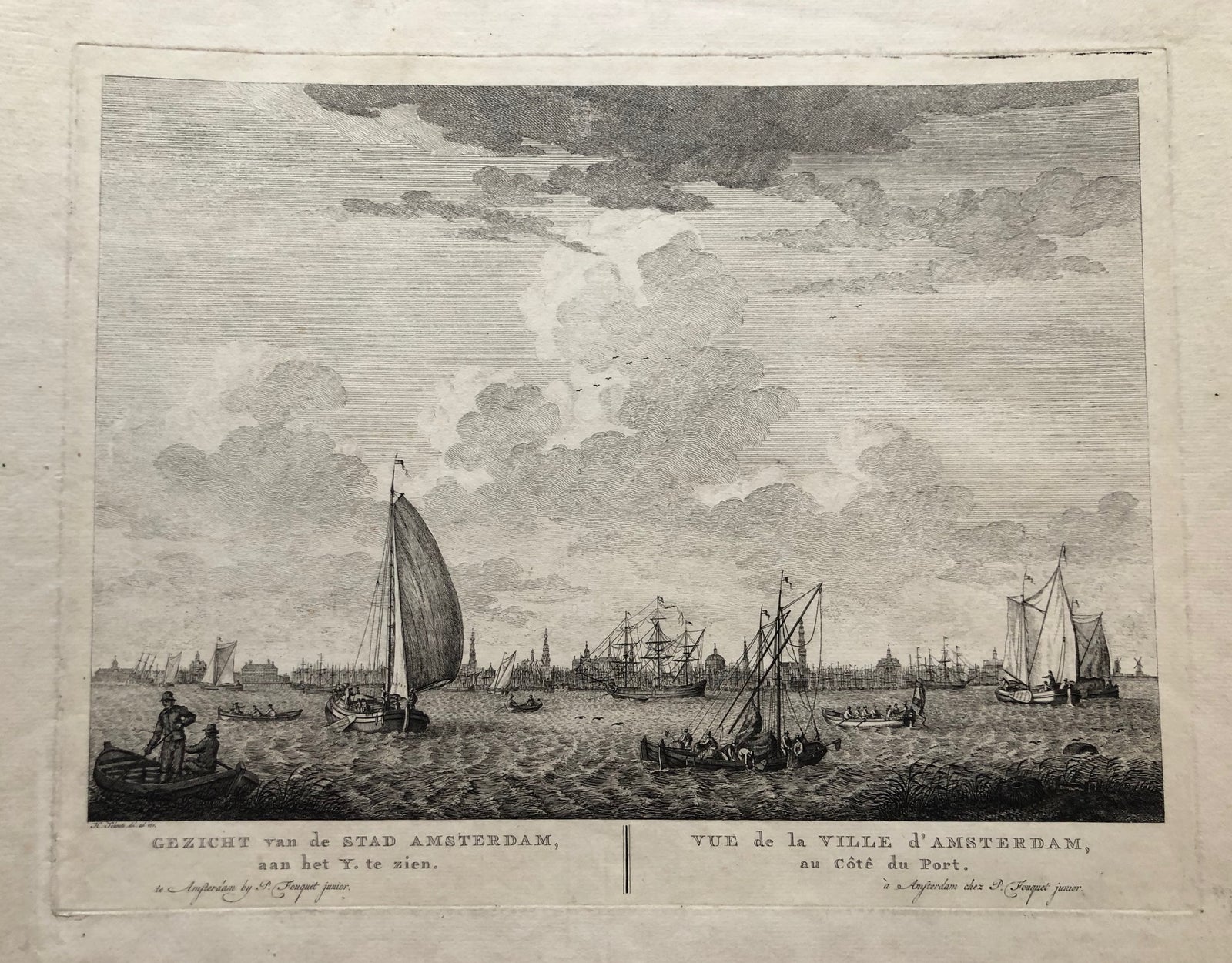 old print, antique print, prent van amsterdam, profile, profiel, gezicht, view, engraving, ships, het IJ, Y, port, sailing, schepen, fouquet, schouten